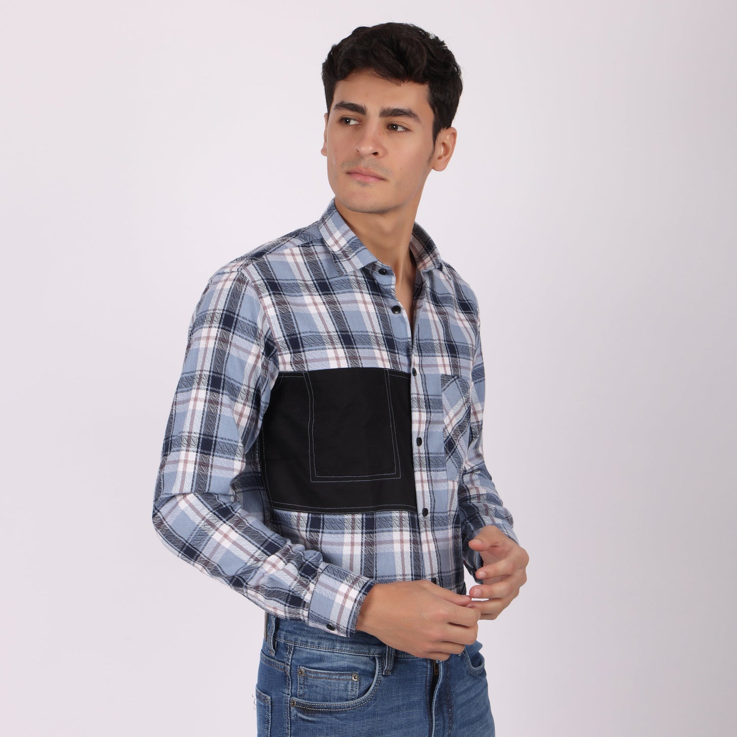 Men’s Checked Casual Shirt with Contrast Black Pocket