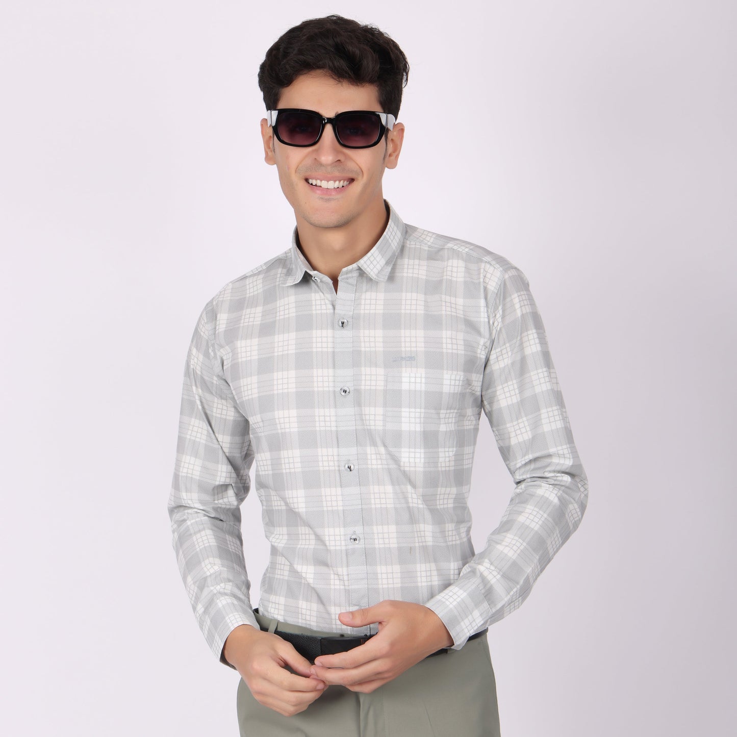Men’s Grey & White Checkered Formal Shirts