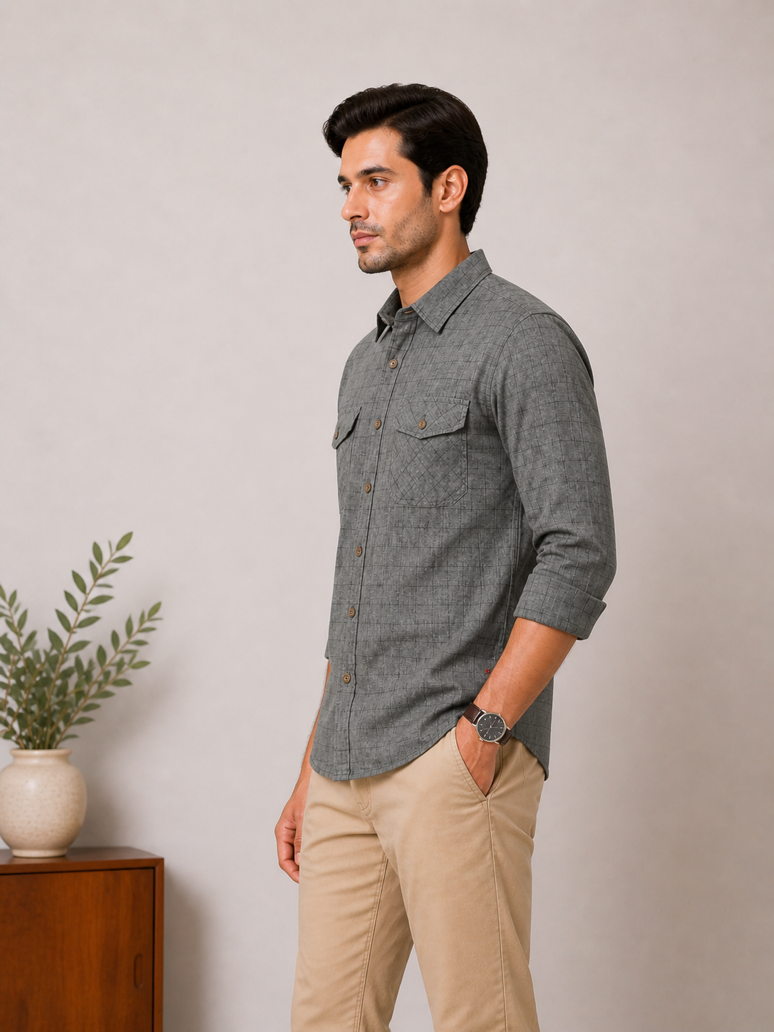 Lionies Men’s Grey Textured Shirt – Style & Comfort Combo