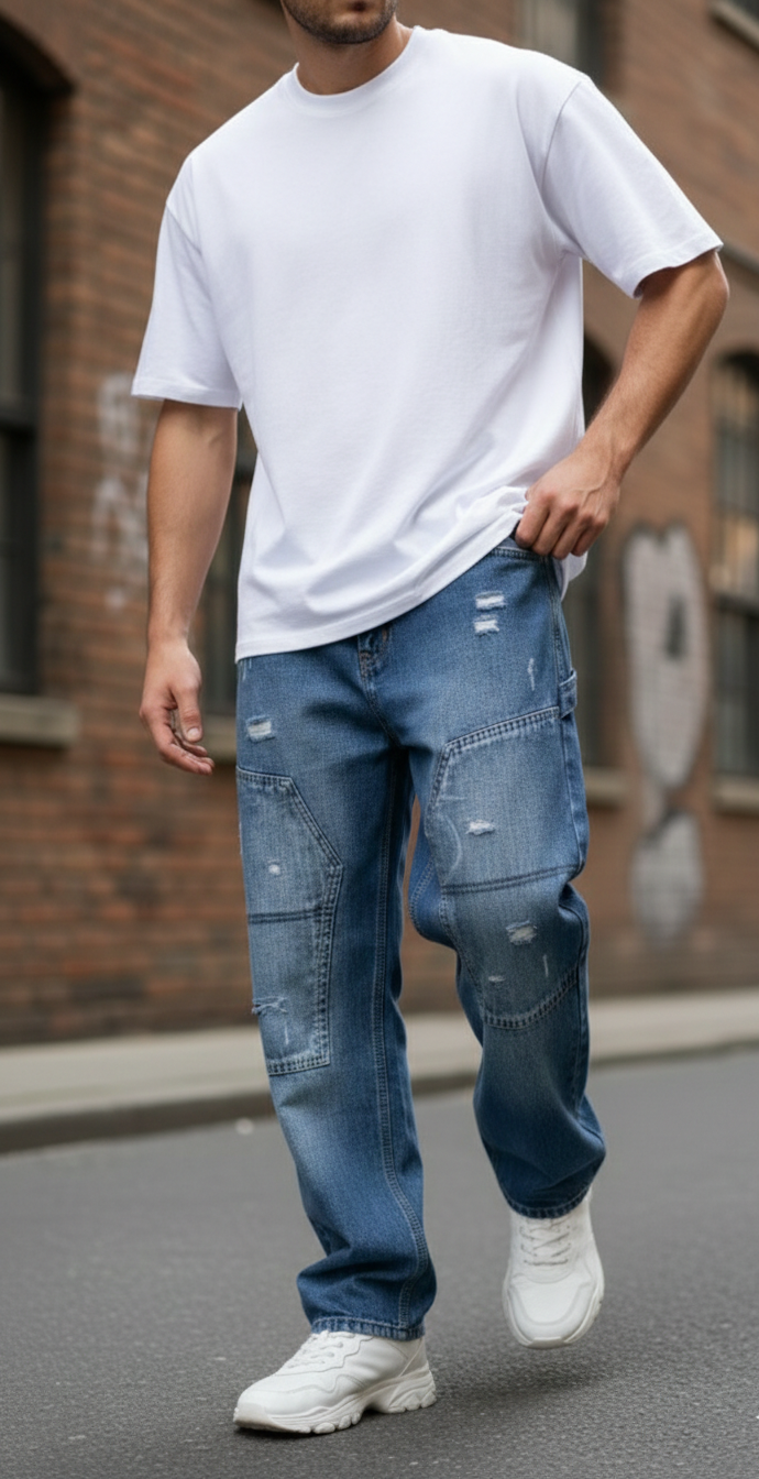 LIONIES Men’s Street Style Distressed Denim Cargo Pants
