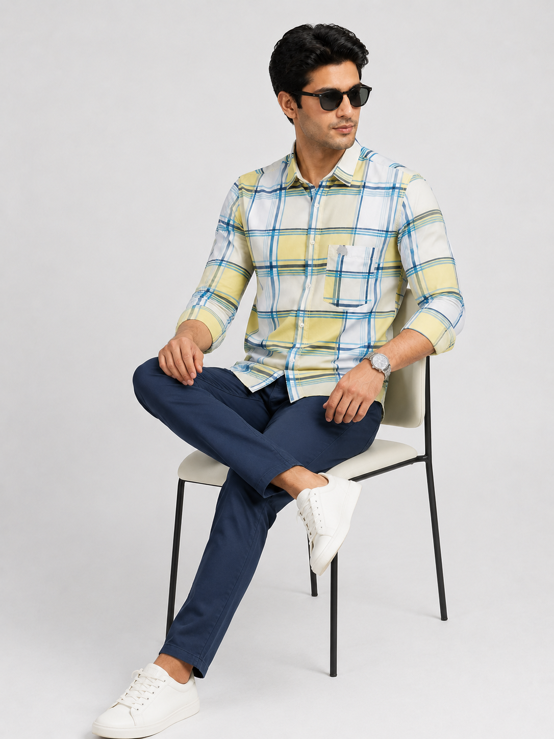 LIONIES Premium Yellow Blue Checkered Casual Shirt