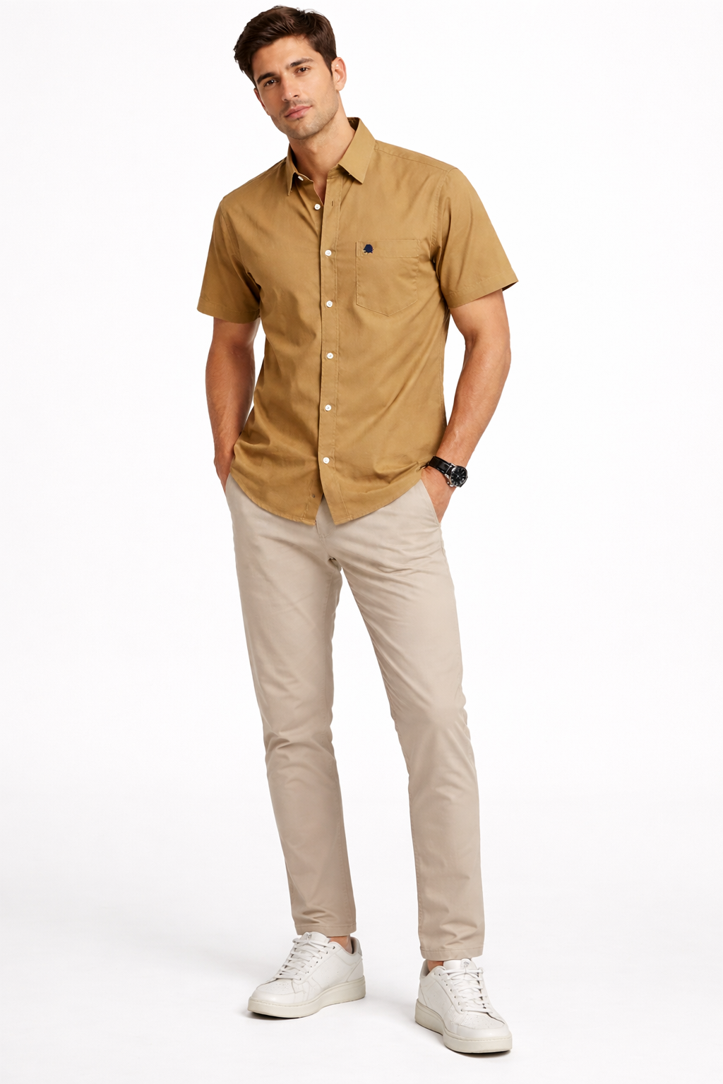 Men’s Mustard Brown Slim-Fit Cotton Casual Short Sleeve Shirt with Front Pocket