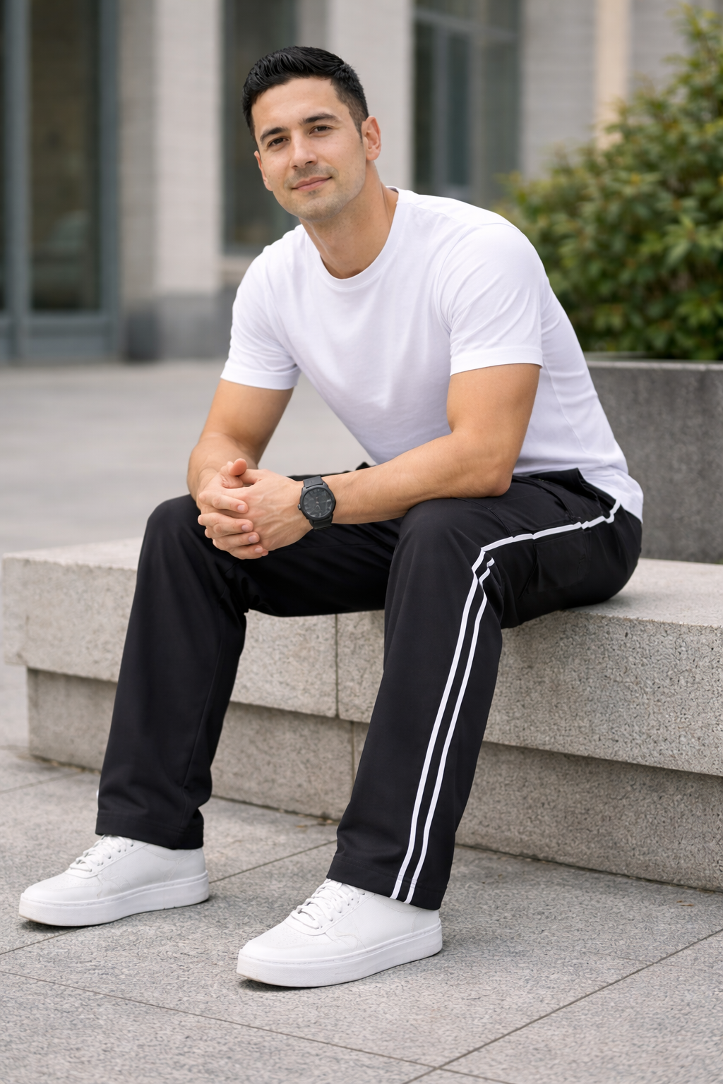 Men's Black Cargo Track Pants with Side Stripe Elastic Waist Streetwear Joggers