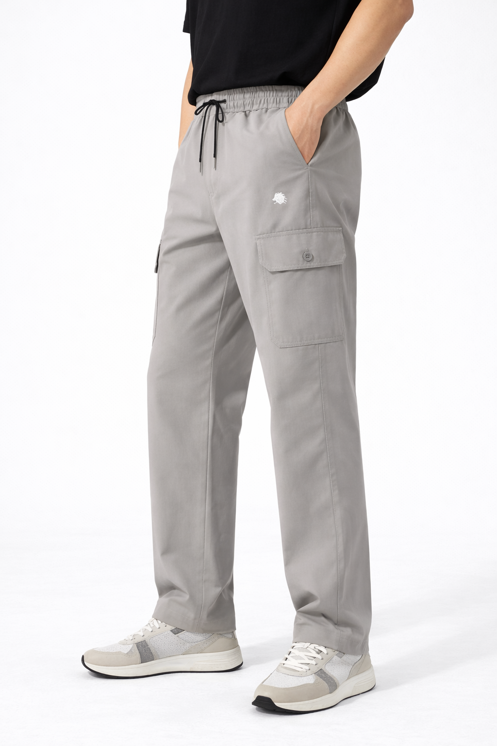 Men's Grey Cargo Lowers with Elastic Waist and Drawstring Pockets