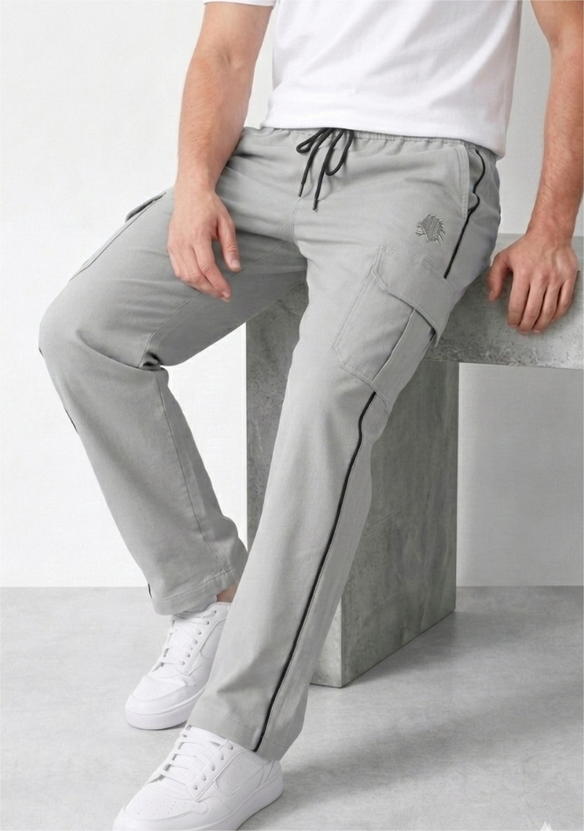 Men's Light Grey Cargo Track Pants with Elastic Waist and Utility Pockets
