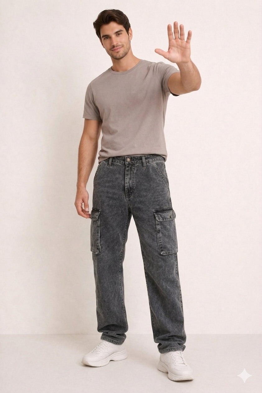 Men’s Charcoal Grey Cargo Pants – Loose Fit Multi-Pocket Streetwear Bottoms