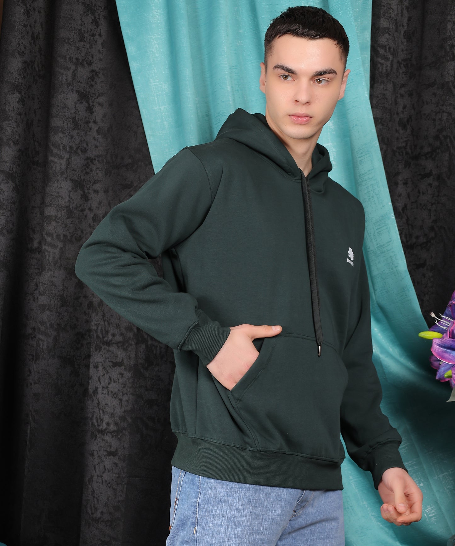 Lionies Premium Cotton Fleece Bottle Green Hoodie for Men - 400 GSM