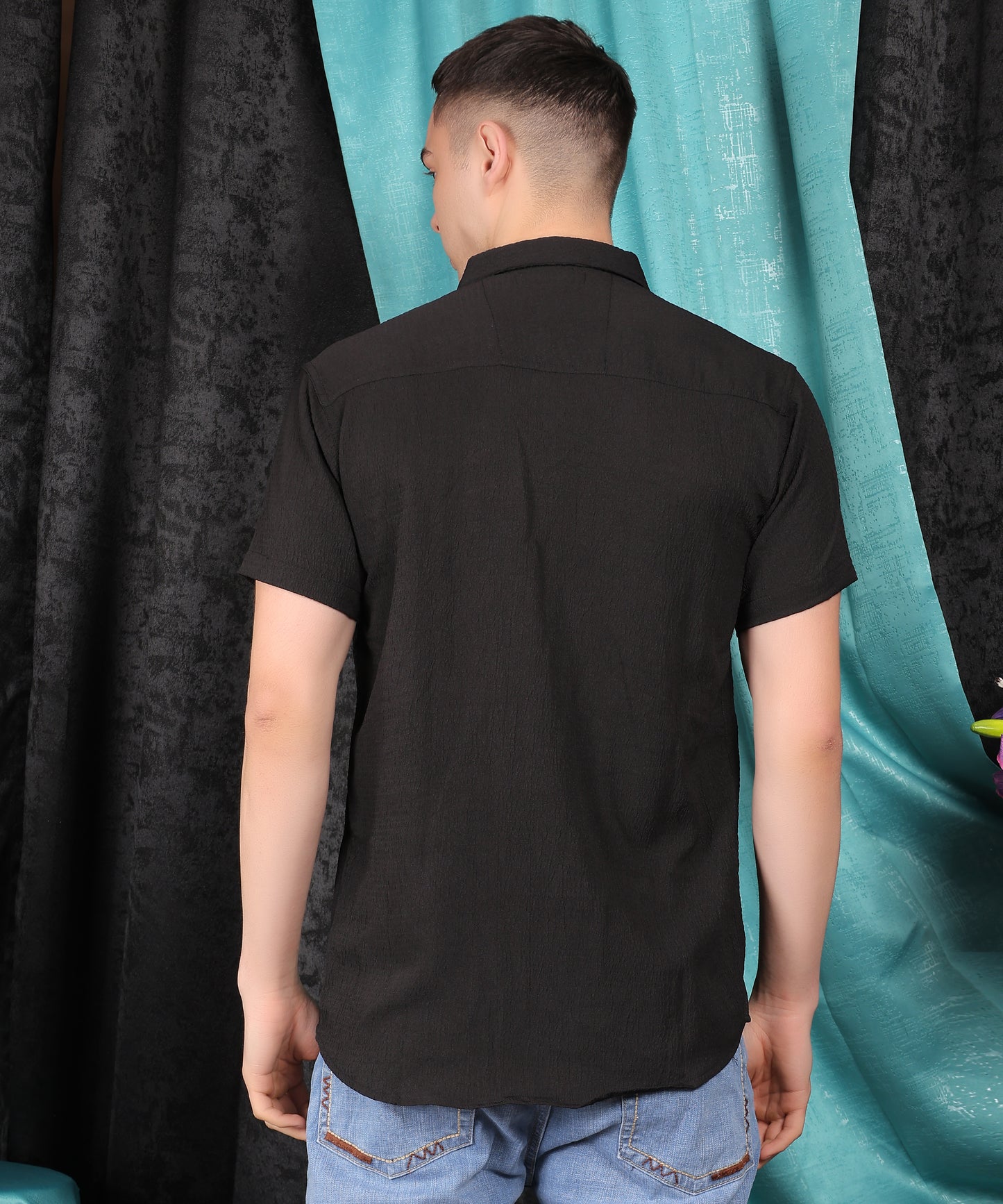Lionies Plain Black Popcorn Half Sleeve Shirt