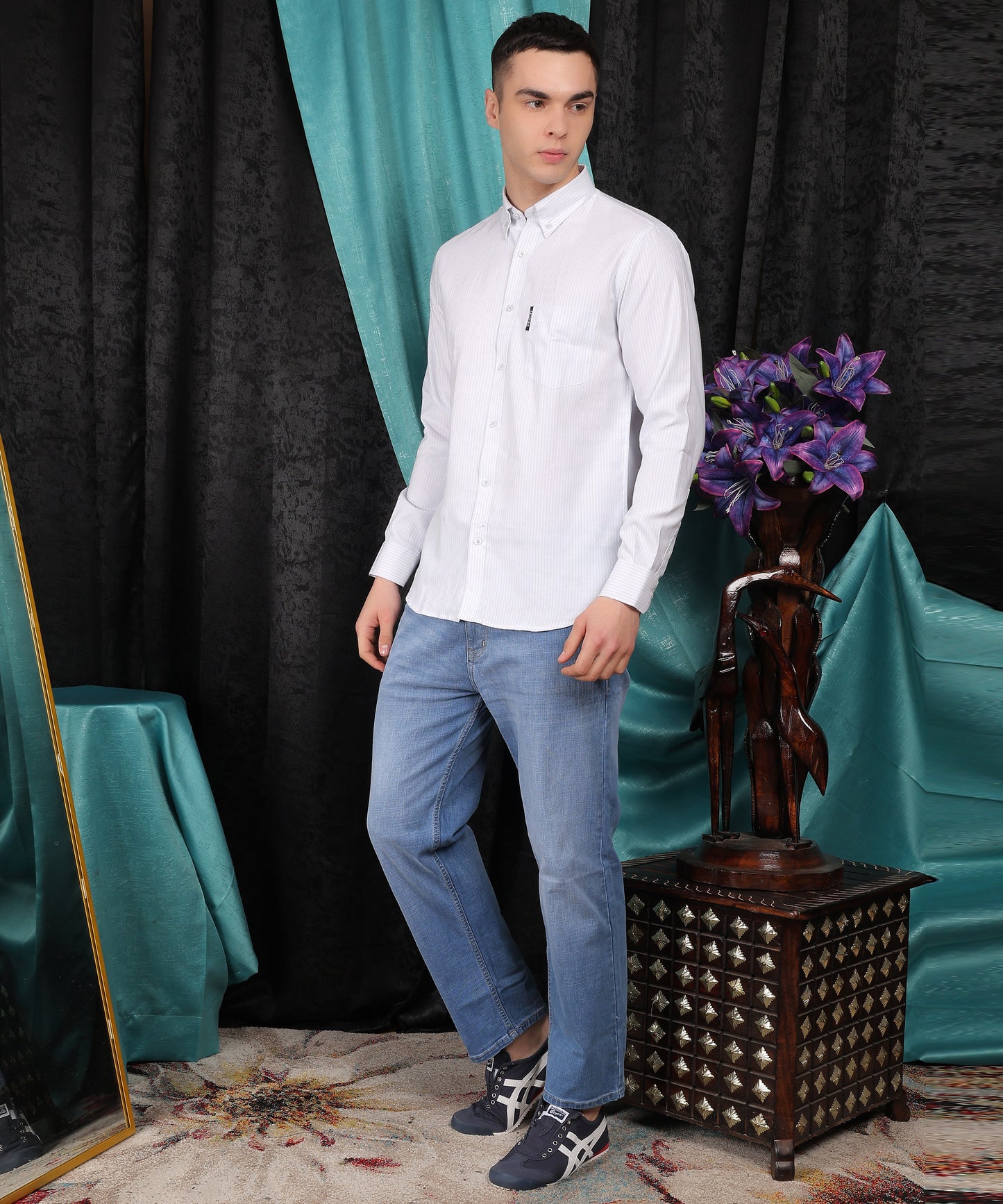 Lionies Men's White Striped Button Down Collar Shirt – Casual & Stylish