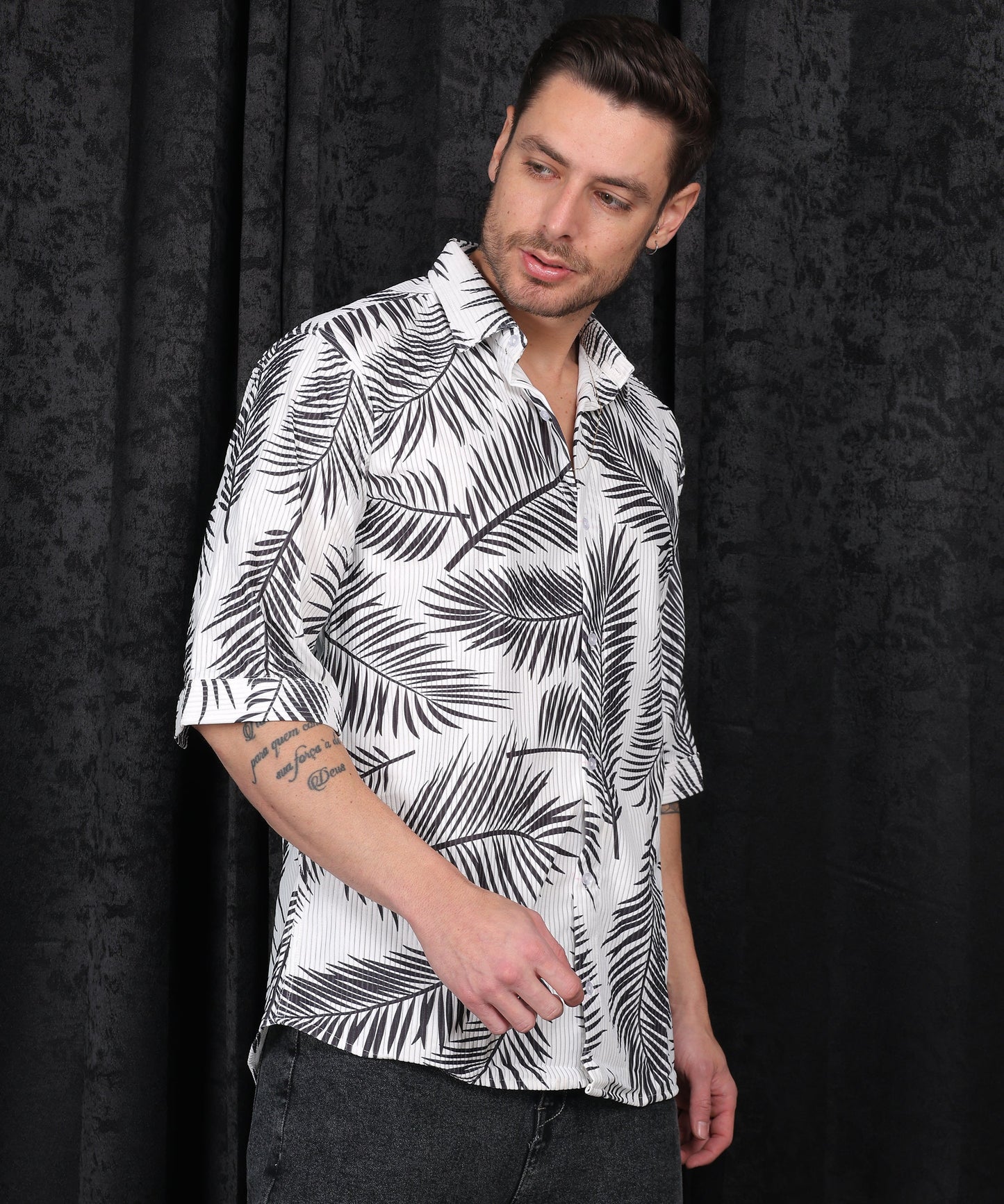 Lionies Black Leaves Printed Half Sleeves Shirt | Premium Cotton