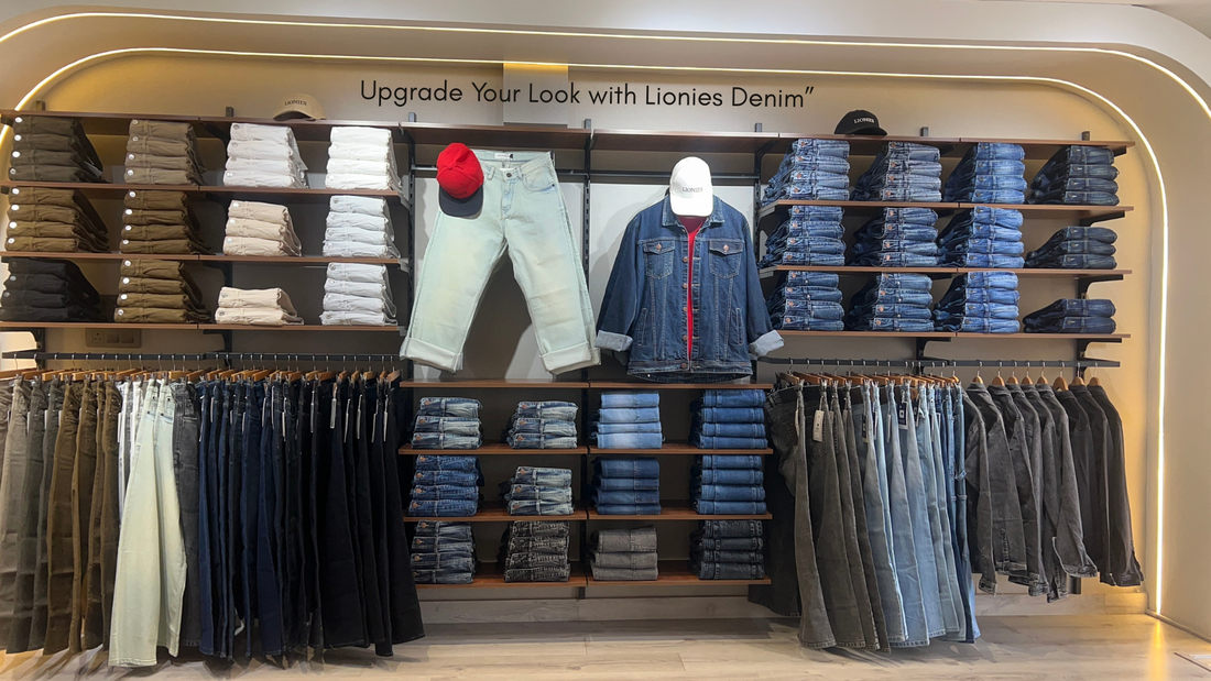 Trendy Men’s Clothing Store Display – Jeans, Jackets & Casual Wear Collection