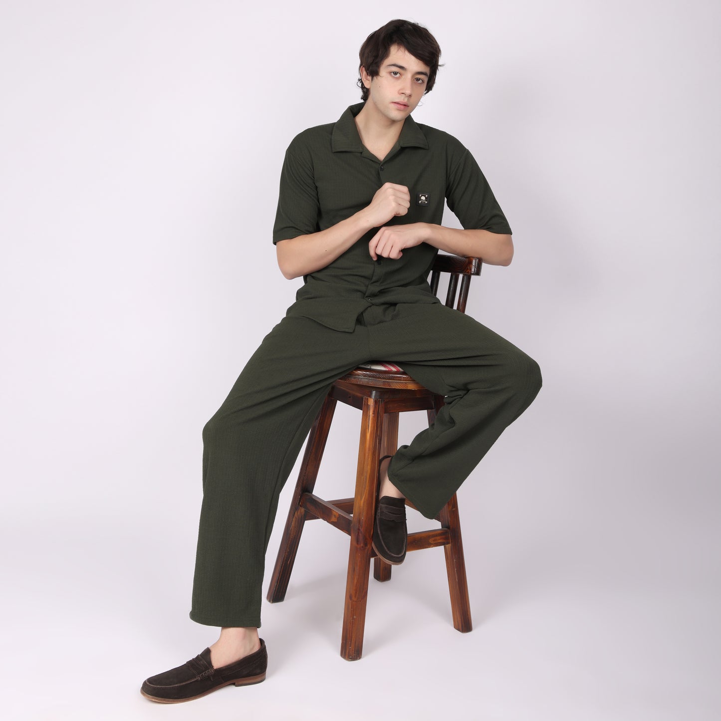 Men’s Olive Green Button-Down Shirt & Pants Co-ord Set