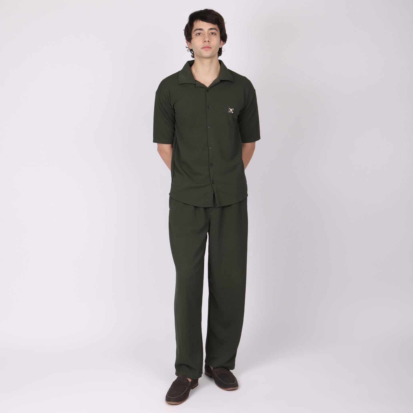 Men’s Olive Green Button-Down Shirt & Pants Co-ord Set