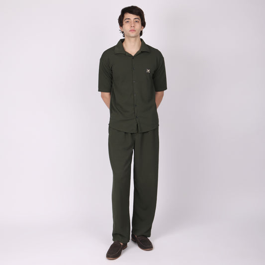 Men’s Olive Green Button-Down Shirt & Pants Co-ord Set