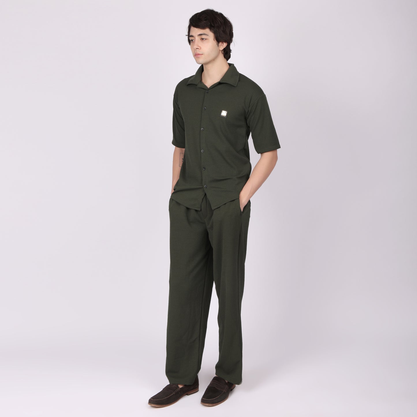 Men’s Olive Green Button-Down Shirt & Pants Co-ord Set