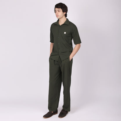 Men’s Olive Green Button-Down Shirt & Pants Co-ord Set