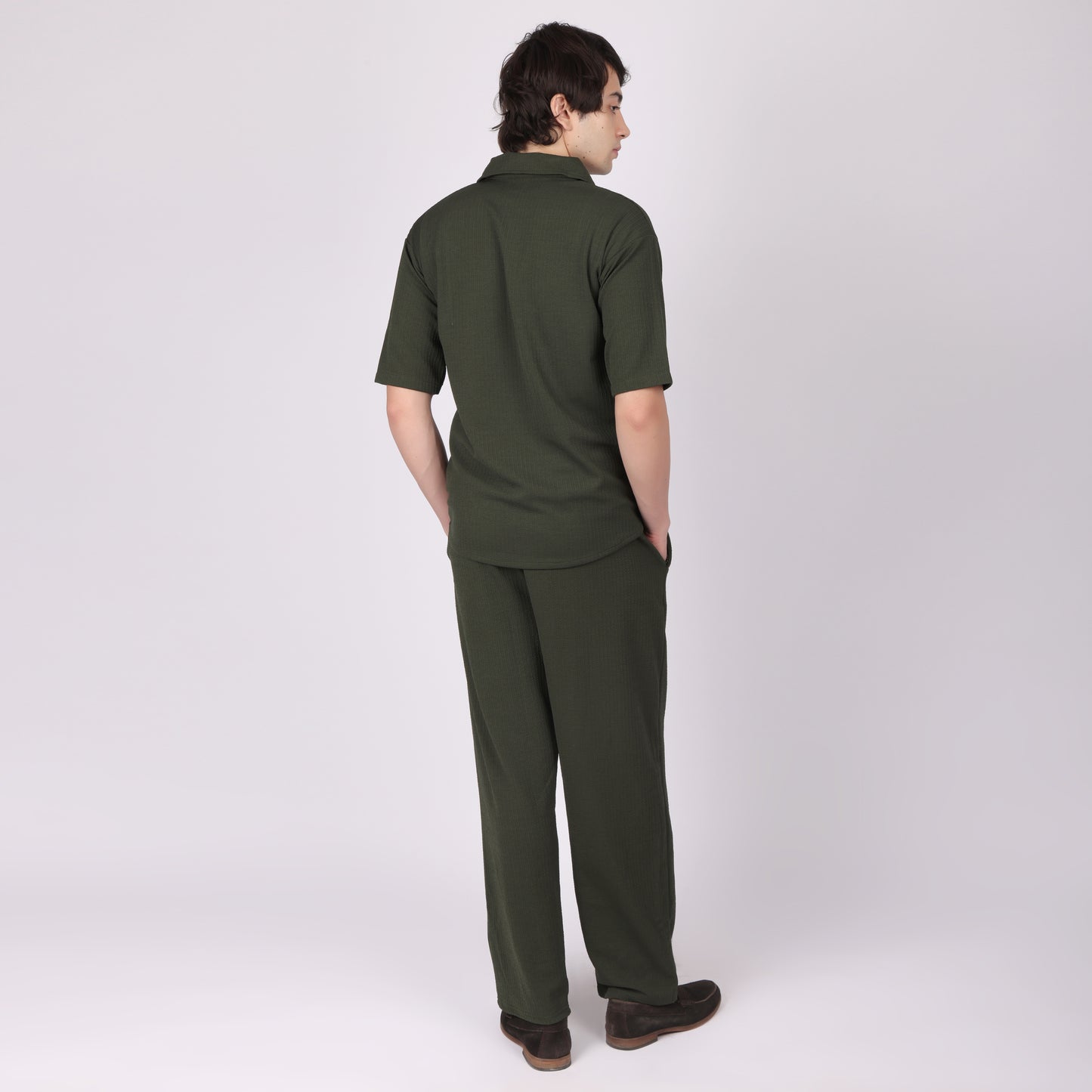 Men’s Olive Green Button-Down Shirt & Pants Co-ord Set