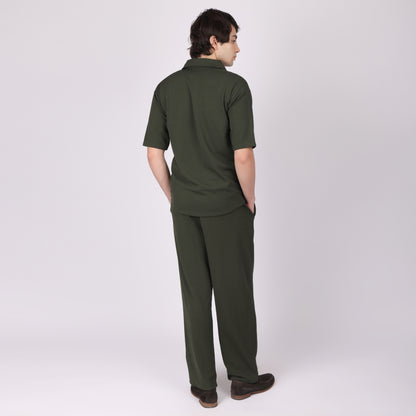 Men’s Olive Green Button-Down Shirt & Pants Co-ord Set