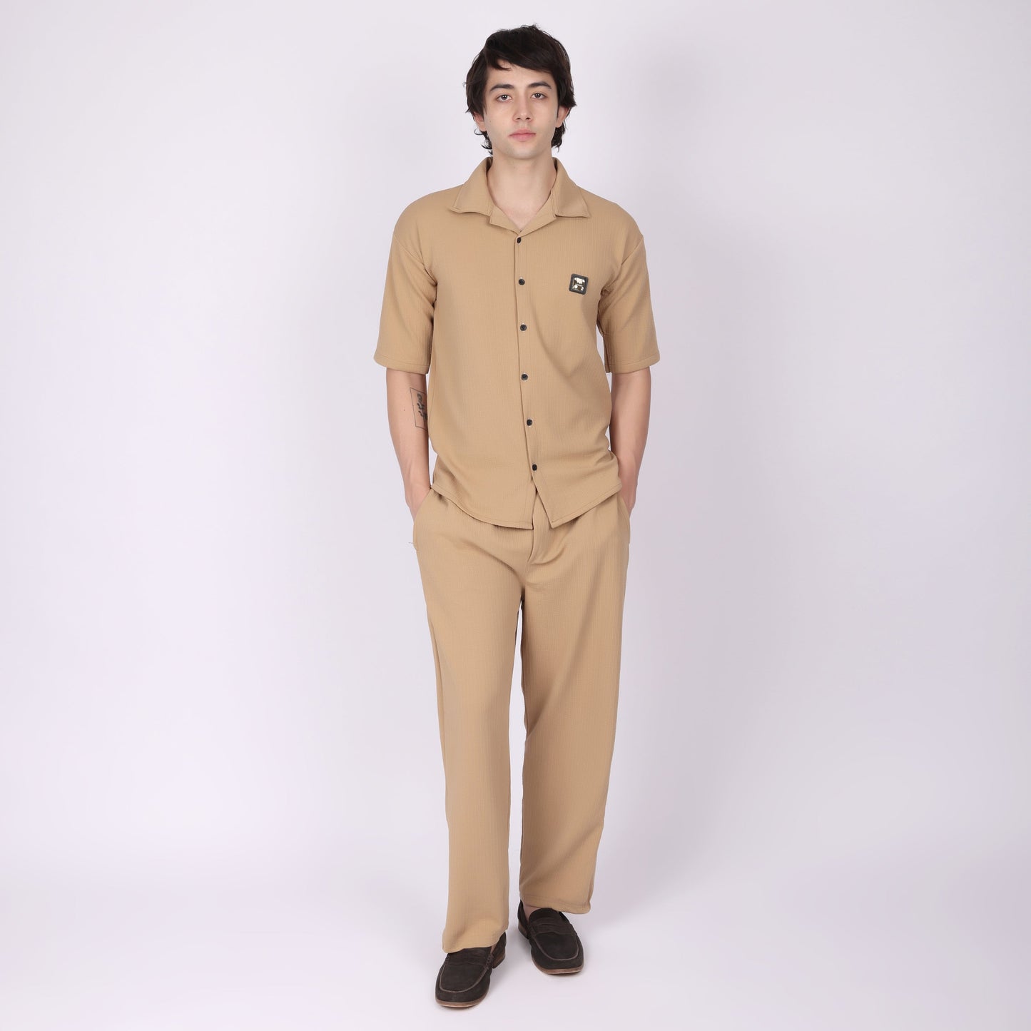 Men’s Camel Button-Down Shirt & Pants Co-ord Set
