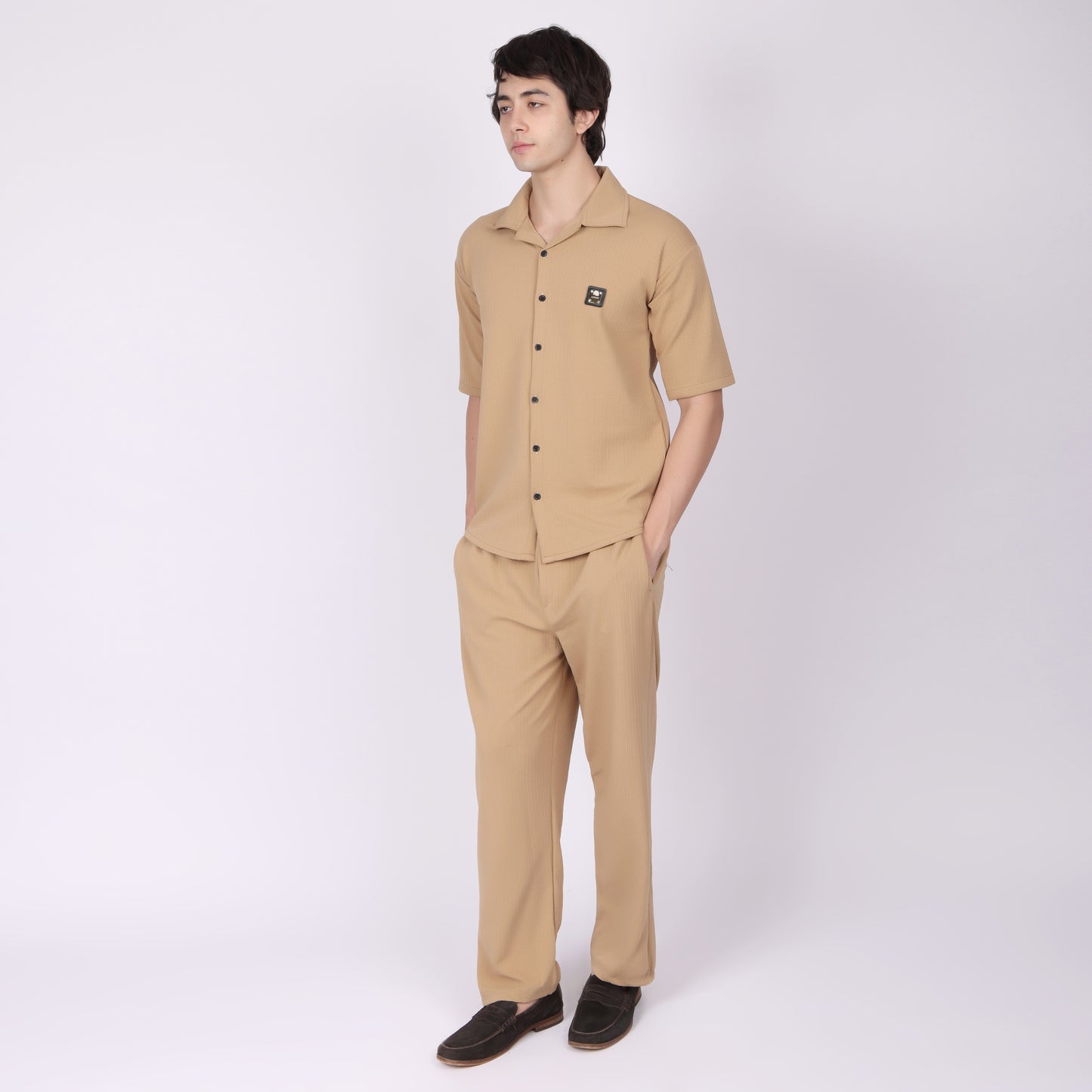 Men’s Camel Button-Down Shirt & Pants Co-ord Set