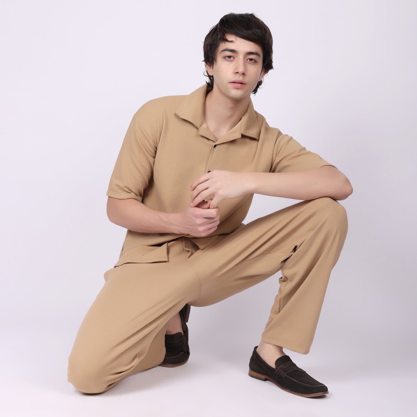 Men’s Camel Button-Down Shirt & Pants Co-ord Set