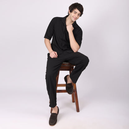 Men’s Black Button-Down Shirt & Pants Co-ord Set