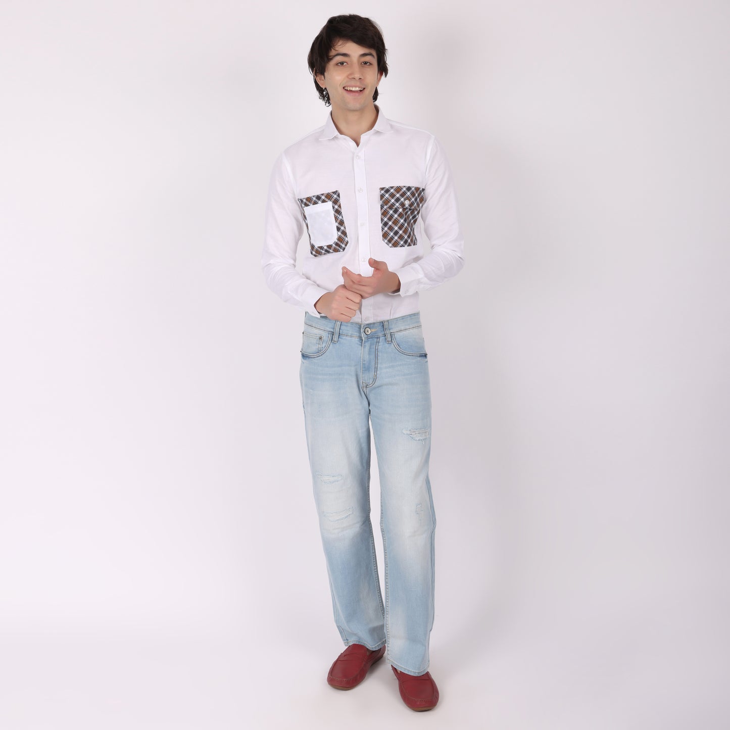 Men’s White Designer Shirt with Dual Checkered Pockets