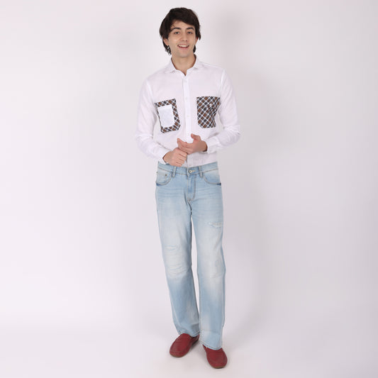 Men’s White Designer Shirt with Dual Checkered Pockets