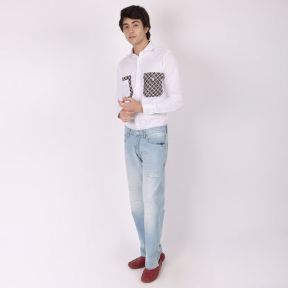Men’s White Designer Shirt with Dual Checkered Pockets