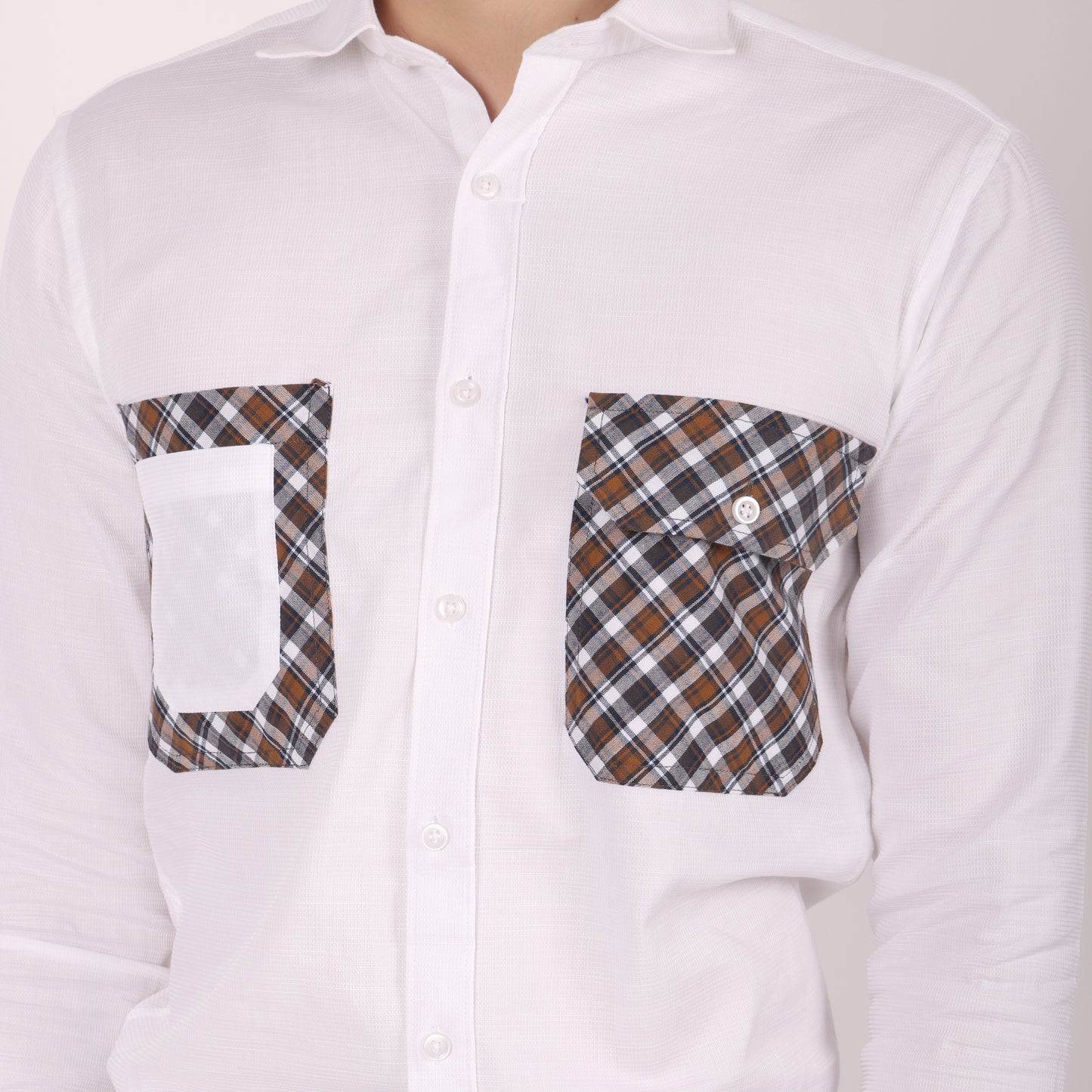 Men’s White Designer Shirt with Dual Checkered Pockets