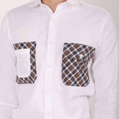 Men’s White Designer Shirt with Dual Checkered Pockets