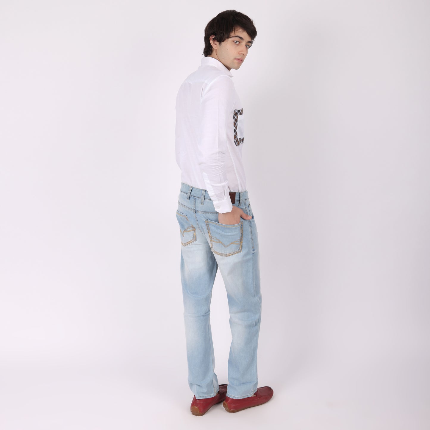 Men’s White Designer Shirt with Dual Checkered Pockets