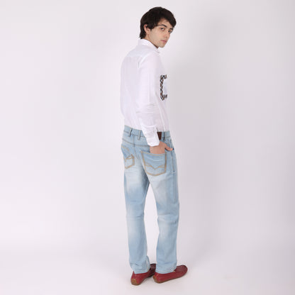 Men’s White Designer Shirt with Dual Checkered Pockets