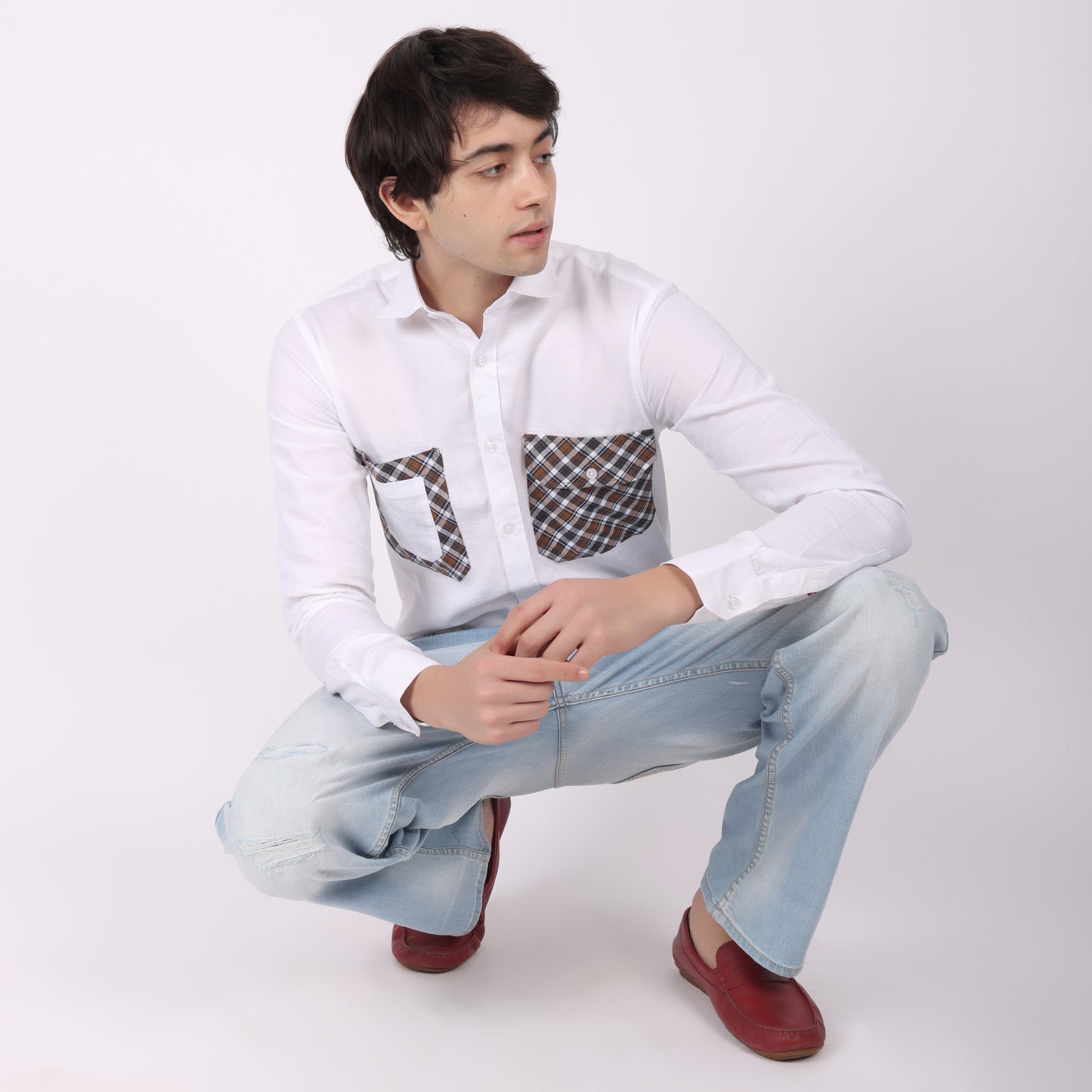 Men’s White Designer Shirt with Dual Checkered Pockets