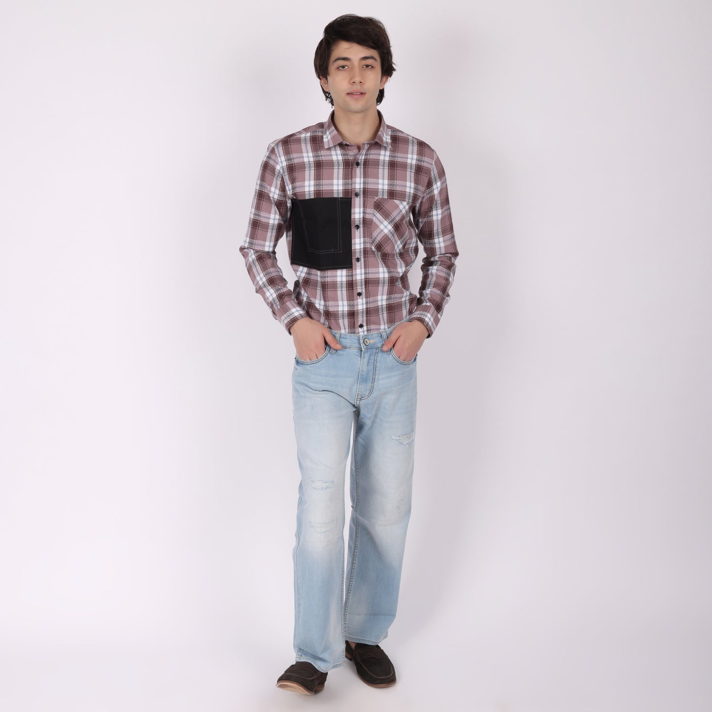 Men’s Checked Casual Shirt with Contrast Black Pocket