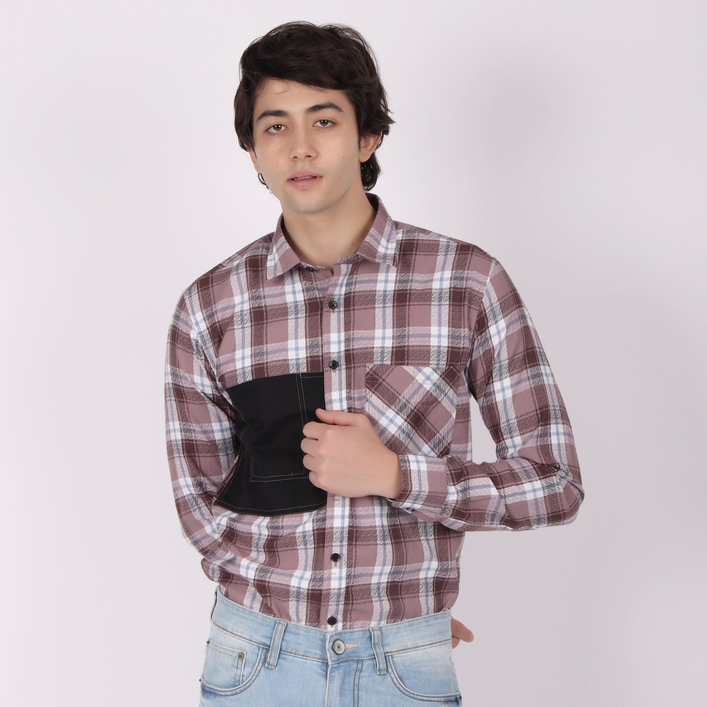 Men’s Checked Casual Shirt with Contrast Black Pocket