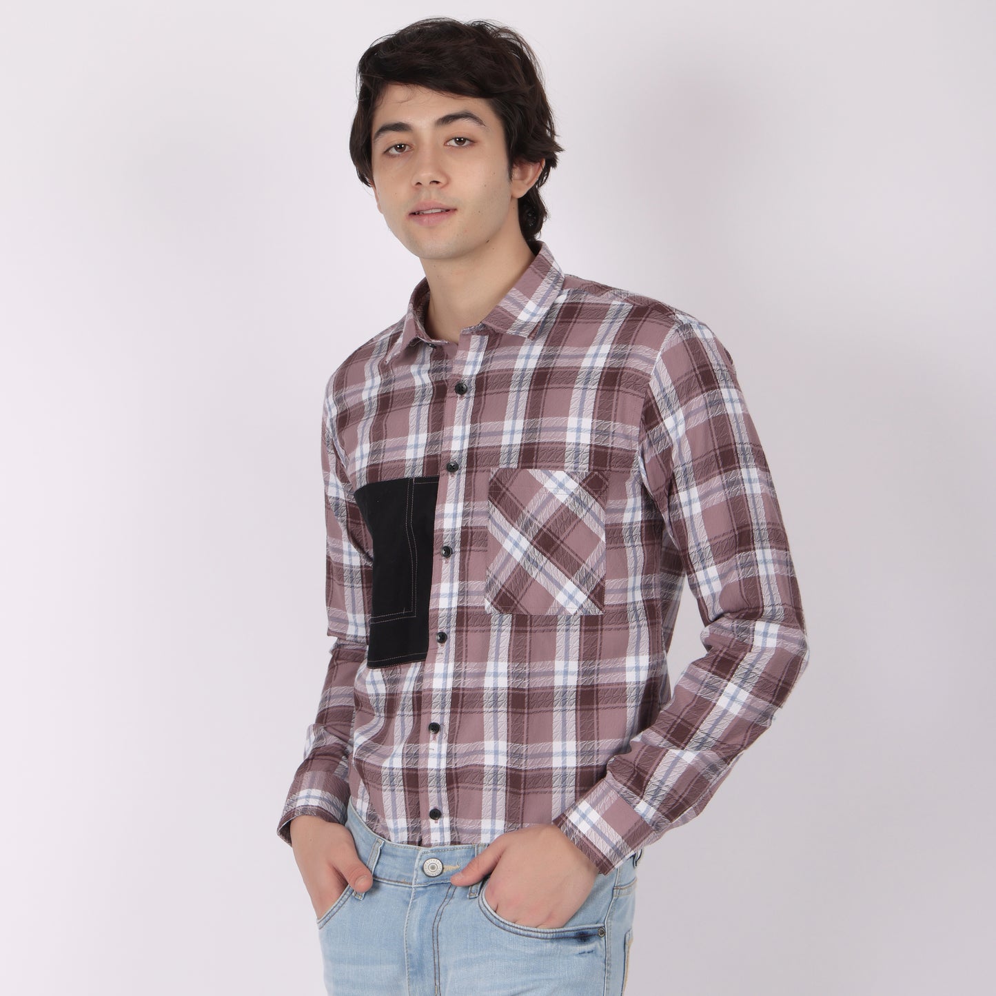 Men’s Checked Casual Shirt with Contrast Black Pocket