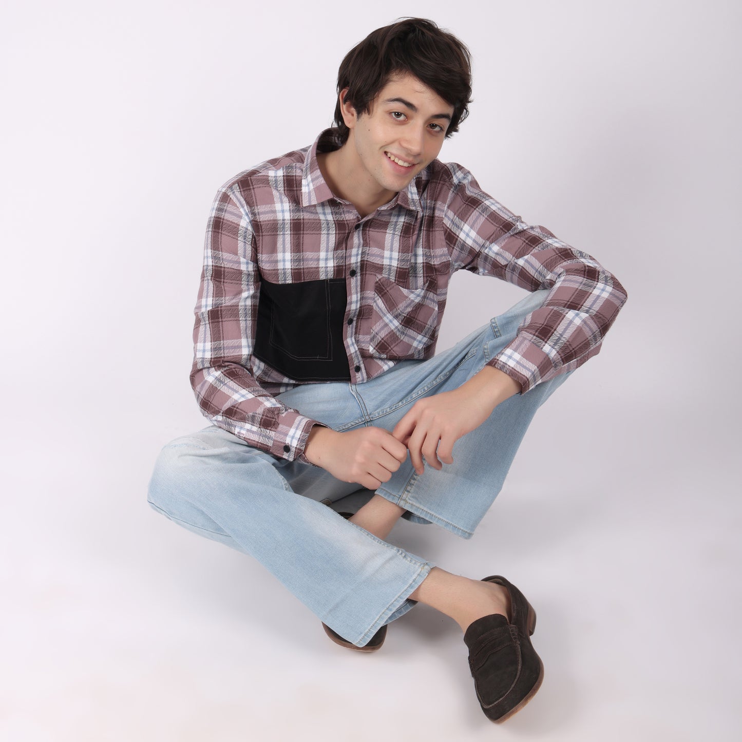 Men’s Checked Casual Shirt with Contrast Black Pocket