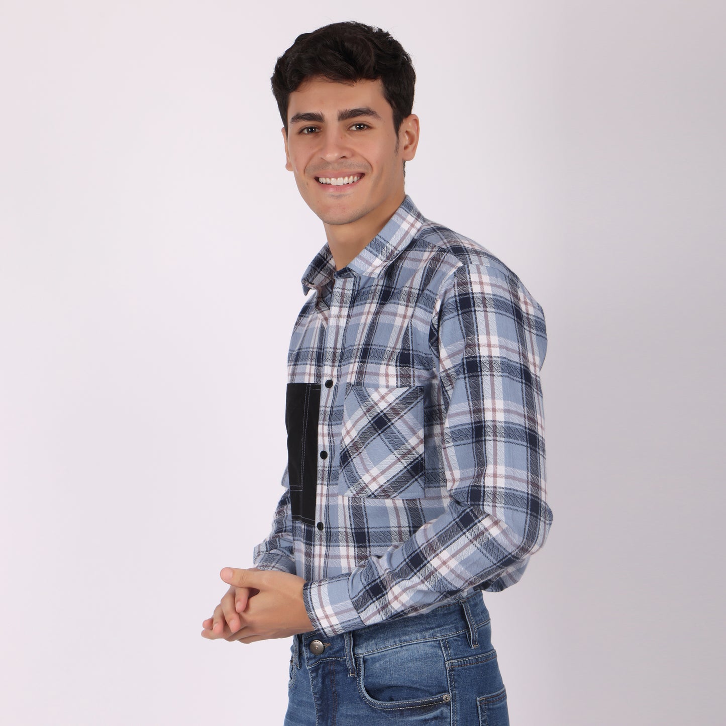 Men’s Checked Casual Shirt with Contrast Black Pocket