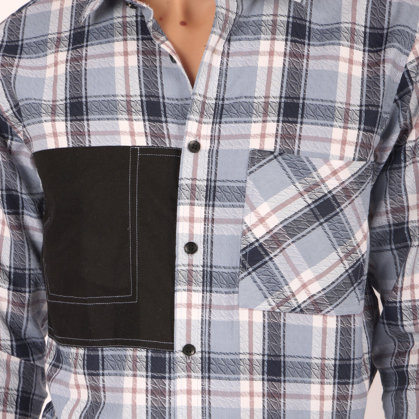 Men’s Checked Casual Shirt with Contrast Black Pocket