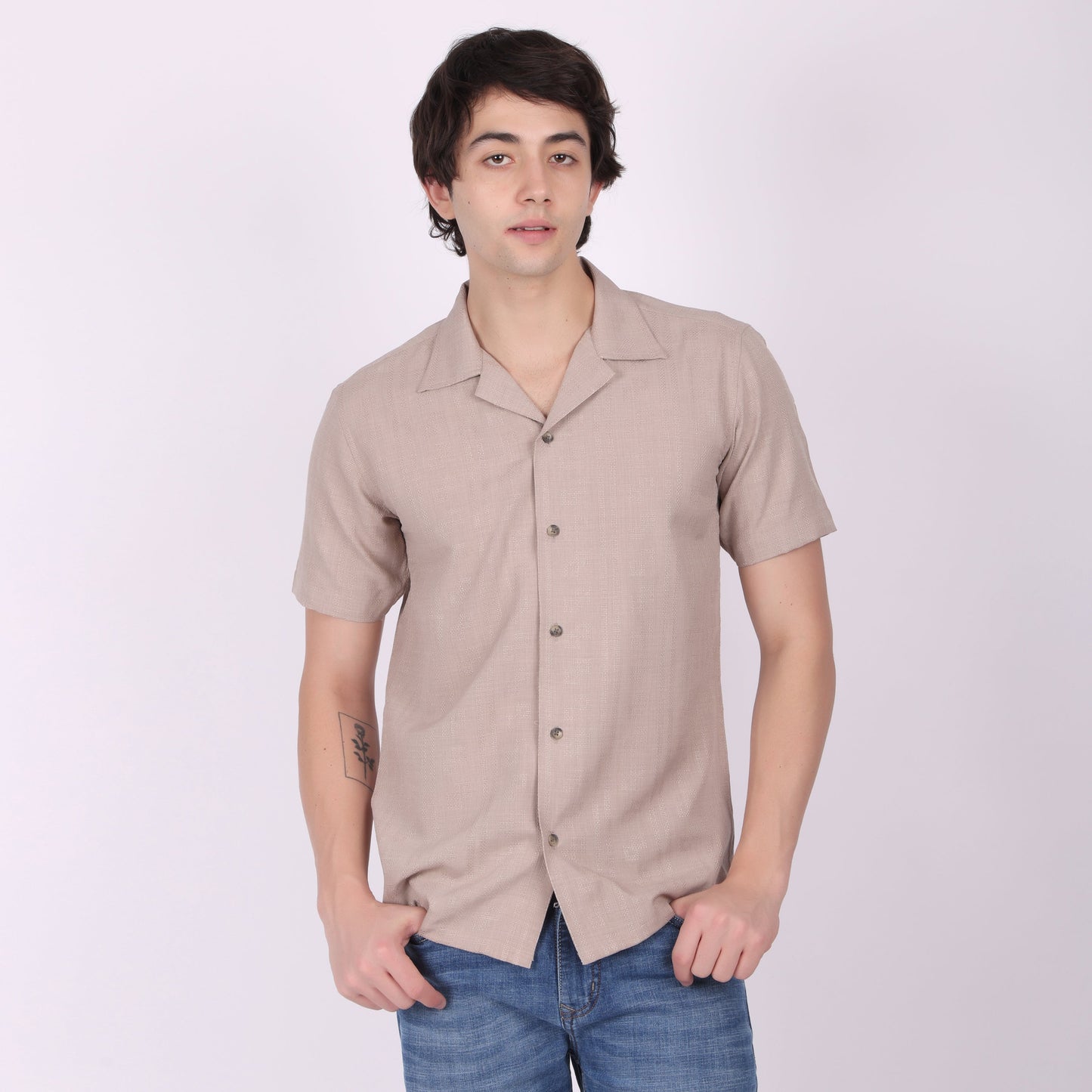 Men's Beige Brown Textured Short Sleeve Shirt