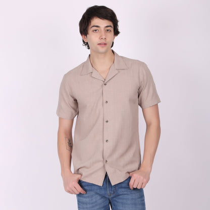 Men's Beige Brown Textured Short Sleeve Shirt