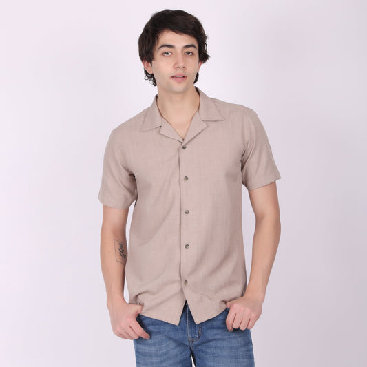 🎁 Men's Beige Brown Textured Short Sleeve Shirt (100% off)