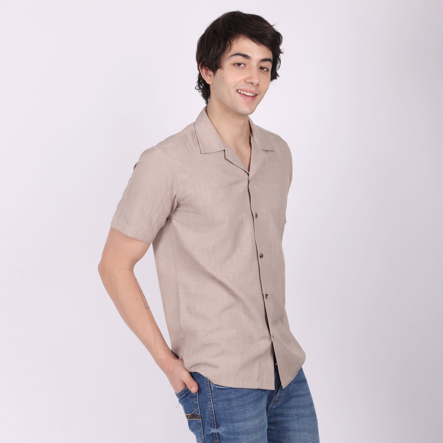Men's Beige Brown Textured Short Sleeve Shirt