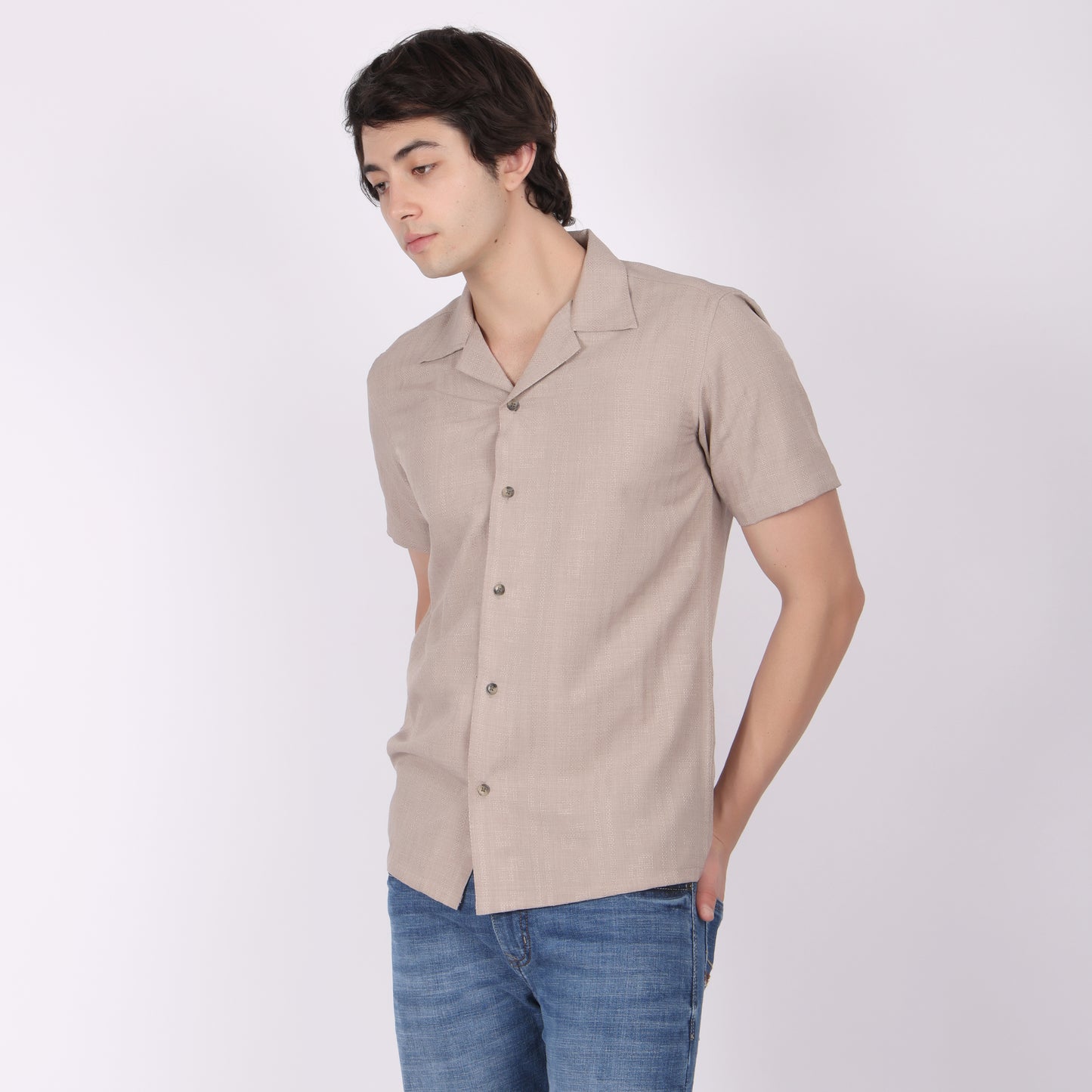Men's Beige Brown Textured Short Sleeve Shirt