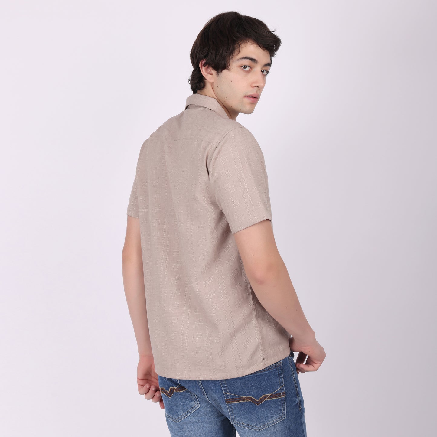 Men's Beige Brown Textured Short Sleeve Shirt