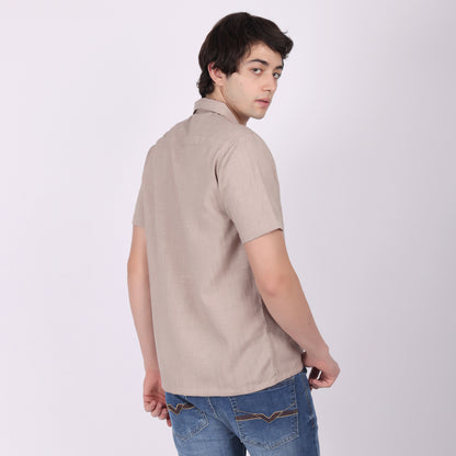 Men's Beige Brown Textured Short Sleeve Shirt