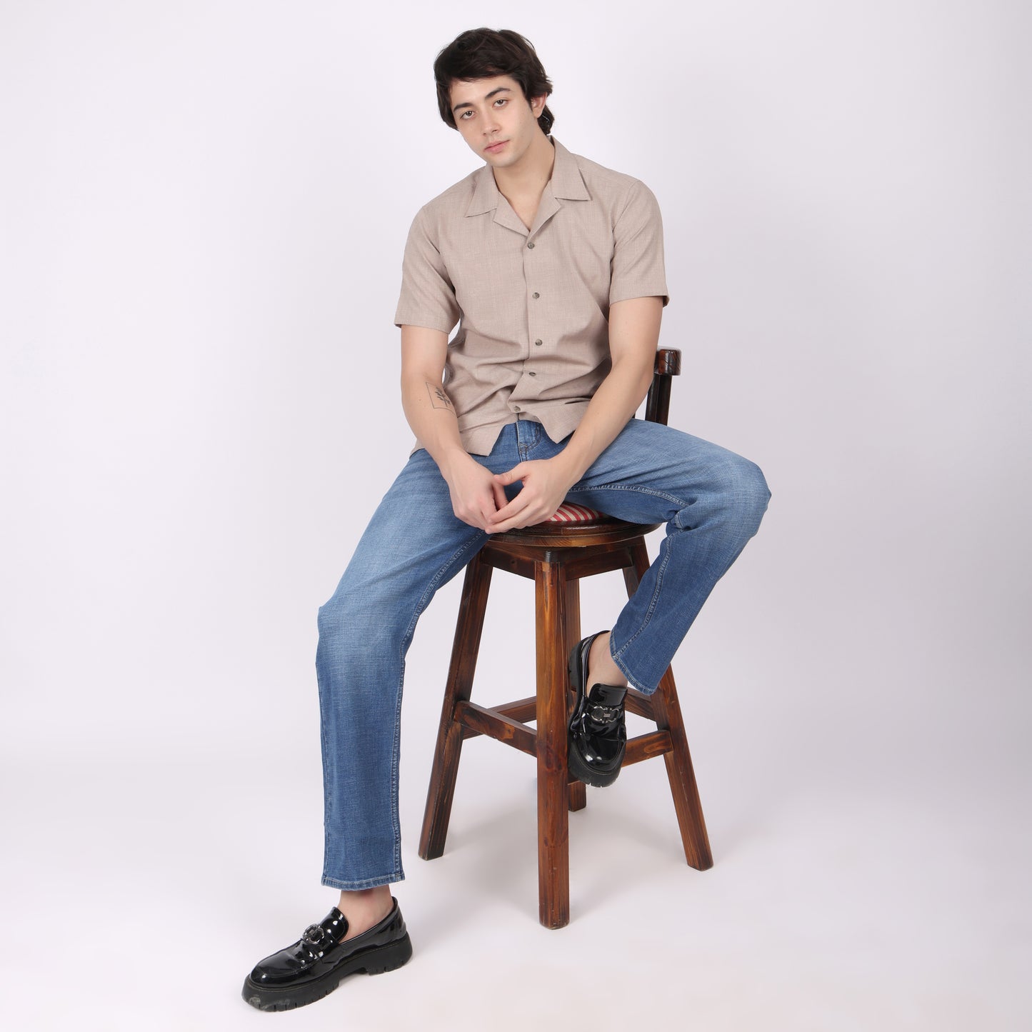 Men's Beige Brown Textured Short Sleeve Shirt