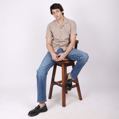 Men's Beige Brown Textured Short Sleeve Shirt