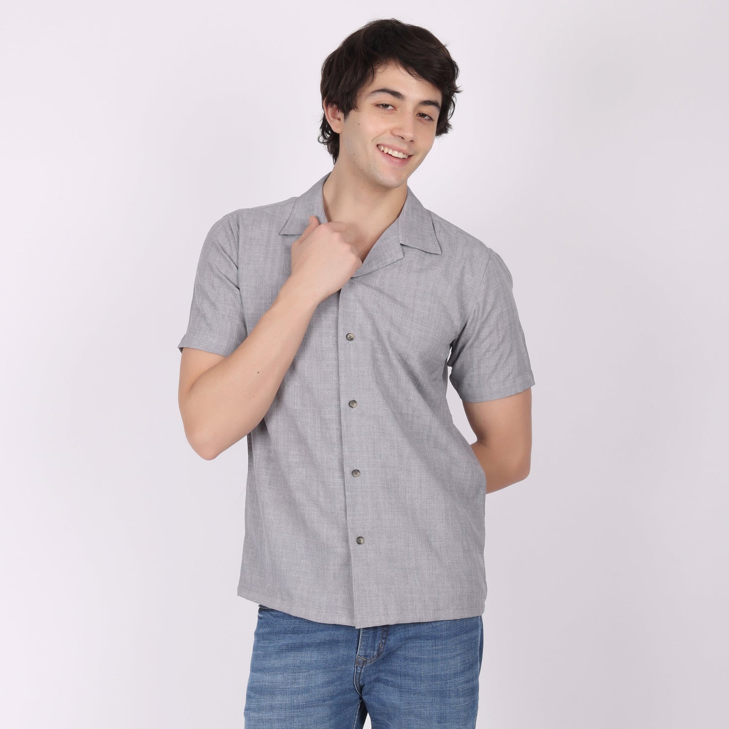 Men's Grey Textured Short Sleeve Shirt